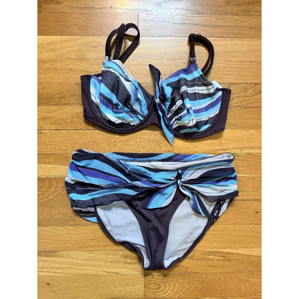 Fantasie Underwire Bikini Set 34FF Large Brown Turquoise Stripe Mesh EUC